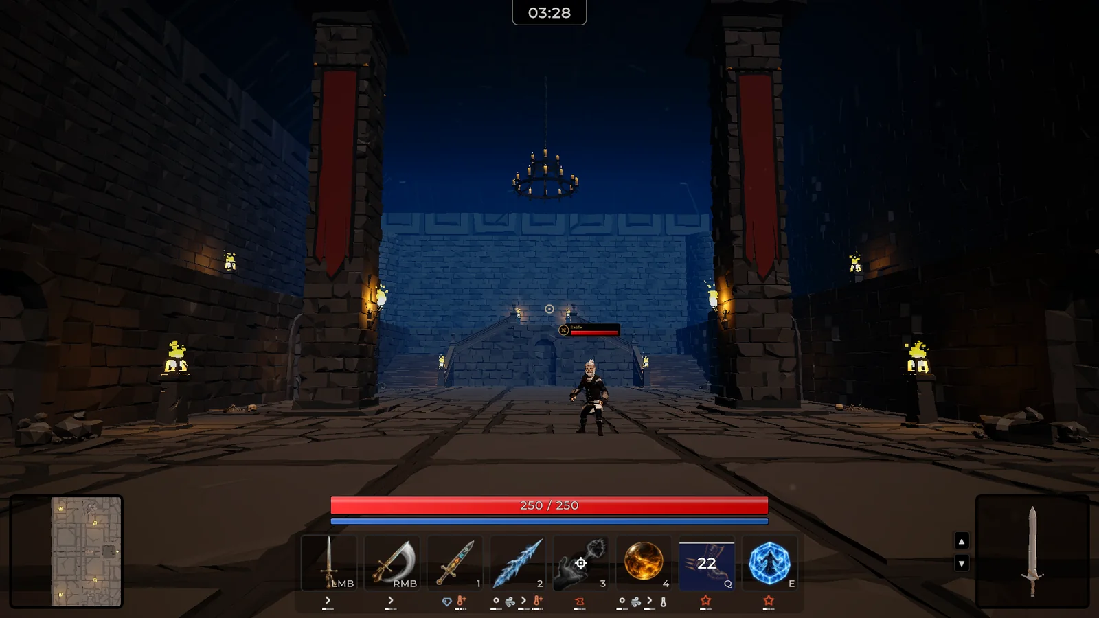 First-person view down a candle-lit crypt hall with bannered pillars and a chandelier, an opponent named Sable with a name plate and health bar in the middle distance, and a full skill bar with Dash on cooldown.